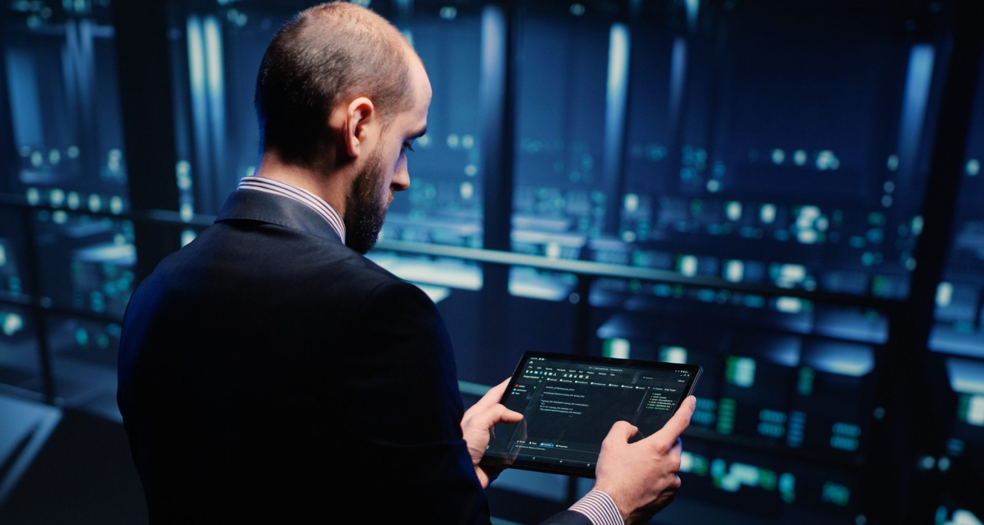 IT support specialist working with hosting server using tablet in professional data center, planning web digitalization. Male database admin inspecting system hardware in networking industry.